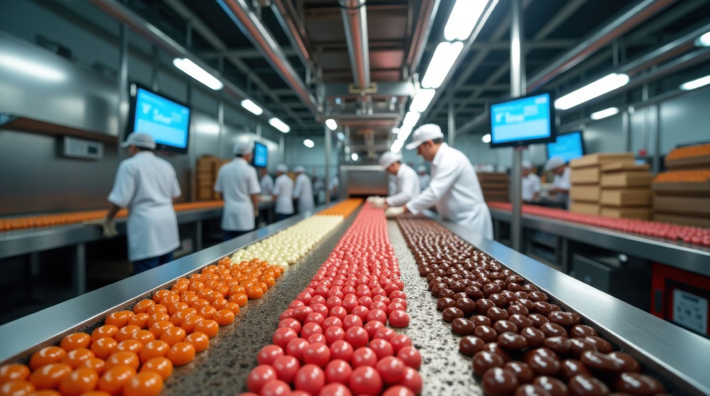Boîte de chocolats entreposée sur étagère bois clair d'un garde-manger organisé, thermomètre d'ambiance indiquant température optimale, environnement propre et rangé, lumière douce