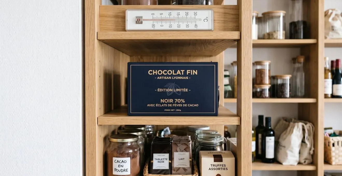Boîte de chocolats entreposée sur étagère bois clair d'un garde-manger organisé, thermomètre d'ambiance indiquant température optimale, environnement propre et rangé, lumière douce
