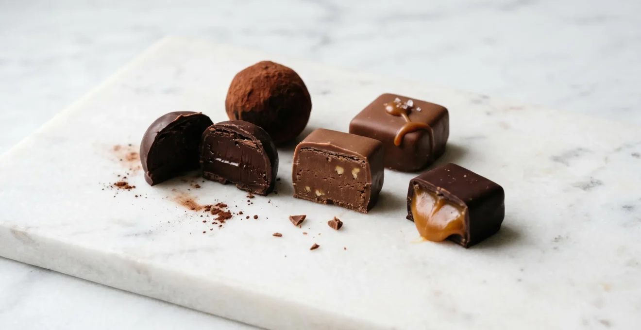 Gros plan sur chocolats fins dont certains coupés révélant intérieurs variés (ganache sombre, praliné crème, caramel) sur surface de marbre blanc, éclairage directionnel soulignant textures