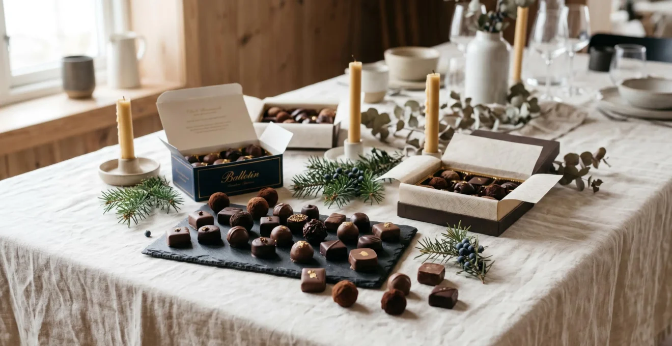Table de réception élégante avec plusieurs contenants de chocolats fins ouverts (ballotin, coffret, plateau ardoise) disposés naturellement sous lumière naturelle, linge clair et éléments décoratifs festifs discrets