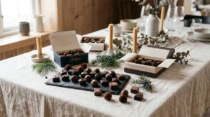 Table de réception élégante avec plusieurs contenants de chocolats fins ouverts (ballotin, coffret, plateau ardoise) disposés naturellement sous lumière naturelle, linge clair et éléments décoratifs festifs discrets