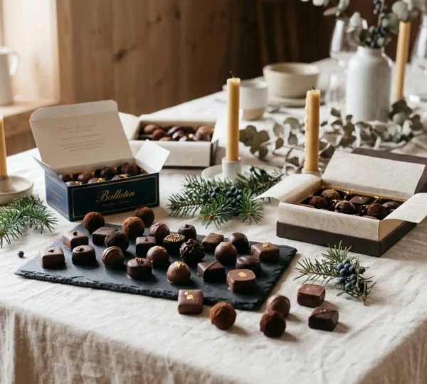 Table de réception élégante avec plusieurs contenants de chocolats fins ouverts (ballotin, coffret, plateau ardoise) disposés naturellement sous lumière naturelle, linge clair et éléments décoratifs festifs discrets