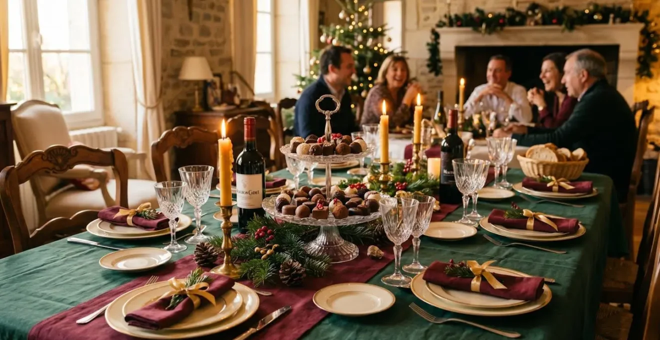 Table de réveillon élégamment dressée avec plateau de chocolats fins au centre, nappage festif bordeaux, bougies allumées, éléments décoratifs de saison et vaisselle raffinée